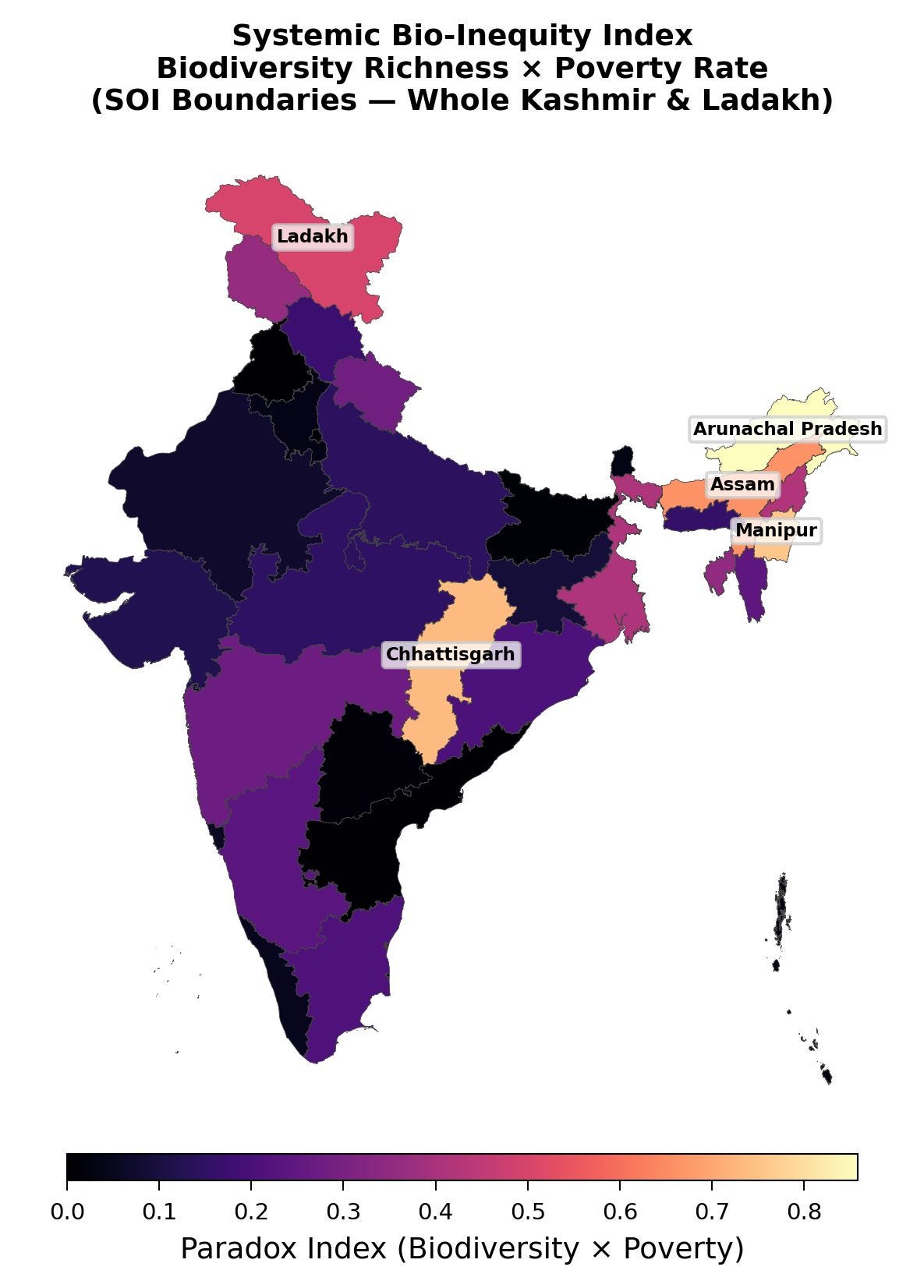 Choropleth map of India showing the systemic bio-inequity paradox index by state, combining biodiversity richness and poverty rate