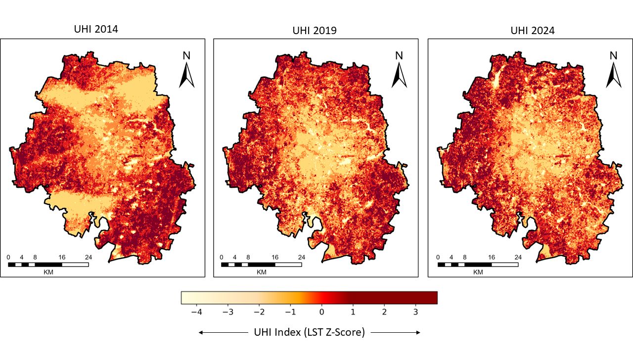 Urban heat island index maps of Bengaluru for 2014, 2019 and 2024, expressed as land-surface-temperature z-scores from minus 4 to 3