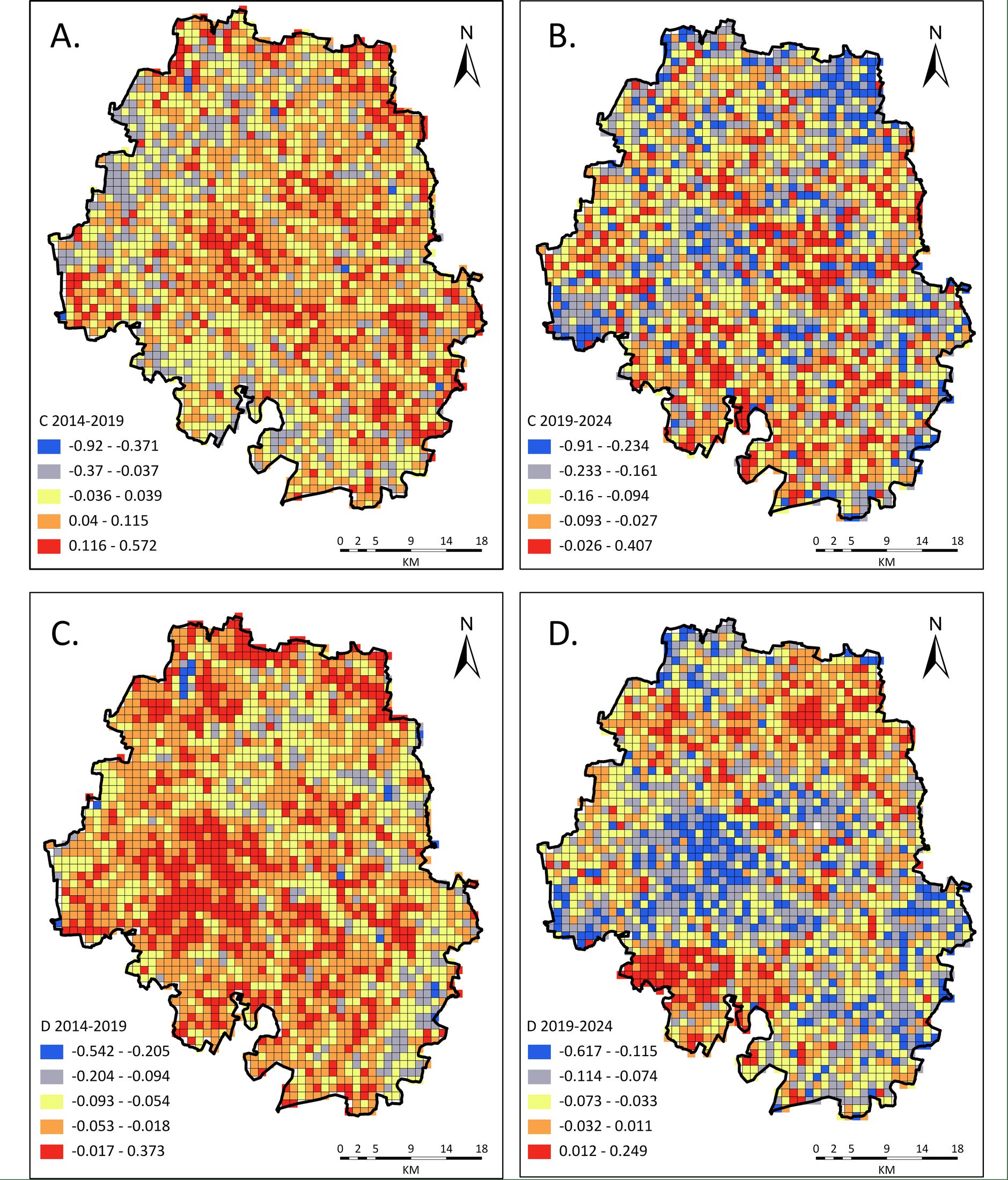 Grid-based change maps for coupling and coordination indicators across 2014–2019 and 2019–2024, with class breaks as shown
